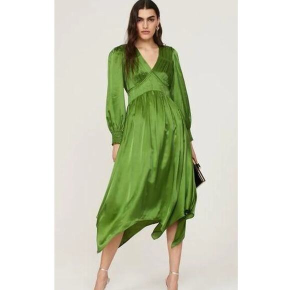AllSaints Dresses & Skirts - ALLSAINTS Estelle Green Satin Silk Long Sleeve Handkerchief Midi Dress Size 8